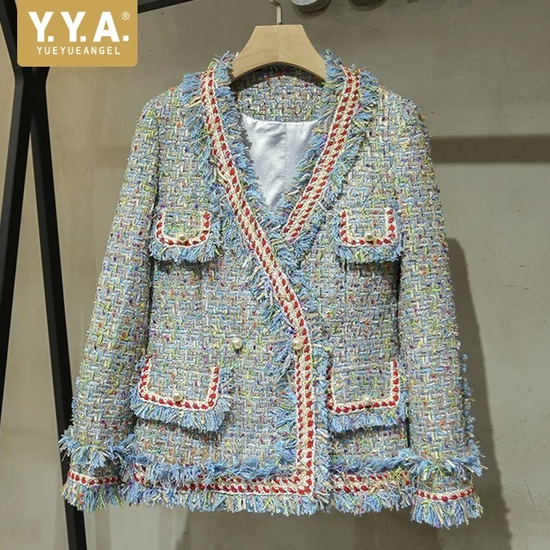 Top Brand High Quality Autumn Fashion New V-Neck Womens Tweed Jackets Long Sleeve Panelled Tassel Ladies Slim Fit Short Coats