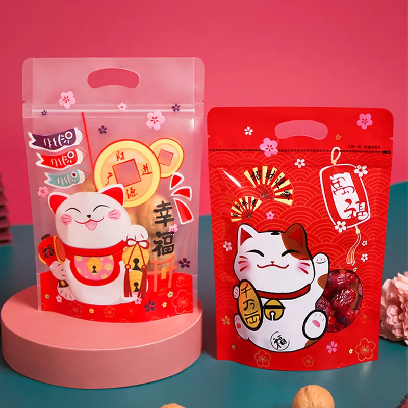 100 шт Высокое качество с изображением из мультфильма Lucky Cat nougat Снежинка хрустящая печать мешок сушеный полиэтиленовый пакет для фруктов молния упаковка сумки