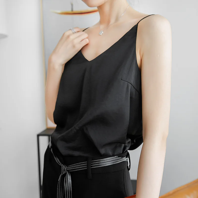 Summer 2020 simple solid color Sexy Japanese Satin thin shoulder strap vest for women to wear inside and outside