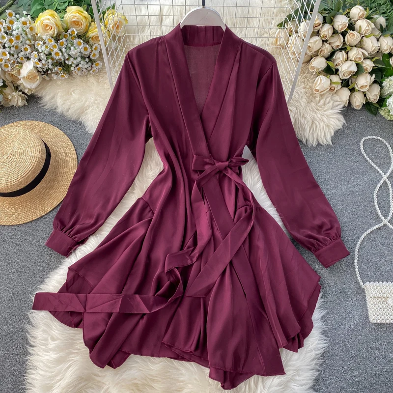 HISUMA spring autumn new women deep v-neck long sleeve lace-up satin irregular fairy dress female v collar elegant puff dresses