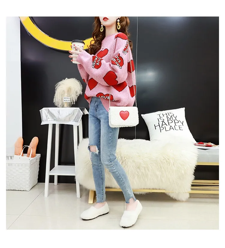 Letter Heart Oversized Sweater Women Knitted Winter Jumper Korean Harajuku Elegant Pullovers Casual Clothes Warm Loose V901