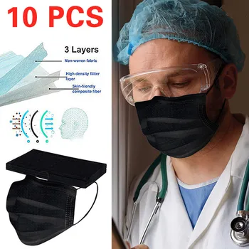 

10pcs Adult's Black Disposable Protection Face Mask 3-Layer Protective Dust-Proof Mask Mouth Cover Mascarilla Maschere