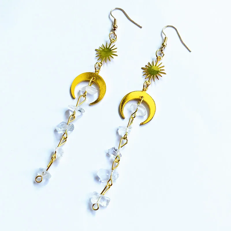 Quartz earrings,moon crystal earrings,moonstone earrings,sun and moon earrings,raw crystal earrings,clear Quartz,witchy earrings