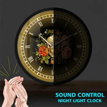 

Tattoo Evil Skull Roses Sound Activated Light Emitting Wall Clock Human Bodypart Skeleton Bone Voice Control Smart Watch