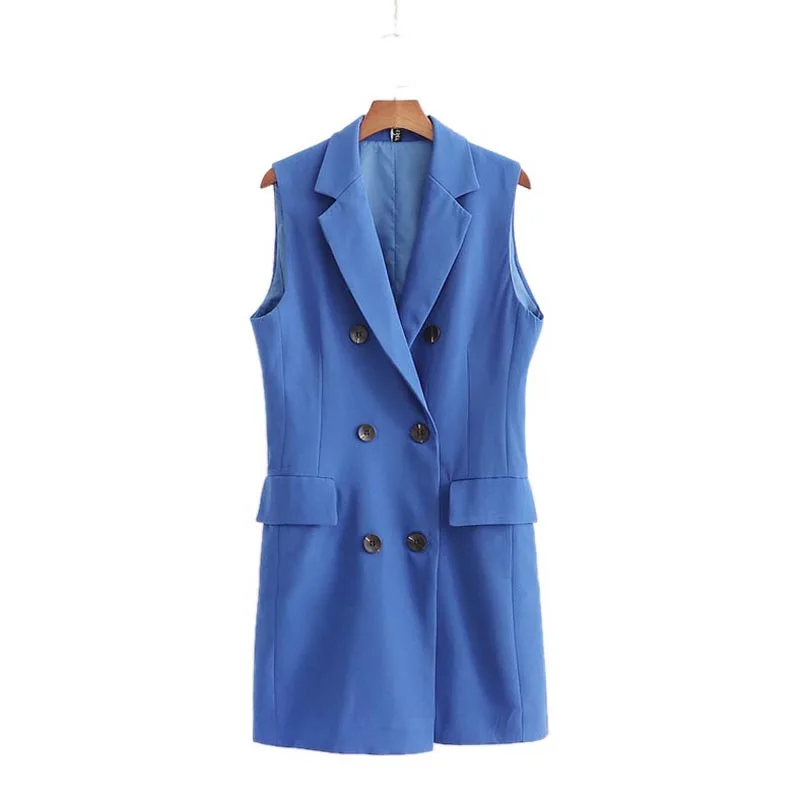 

WT235 European Design Double Breasted Sleeveless Blue Color Slim Waist Mid-Long Design Waistcoat Vest