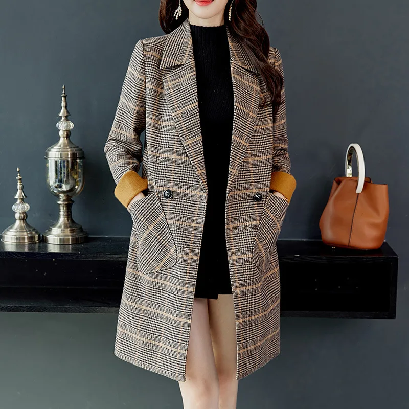 Осенне-зимние женские шерстяные клетчатые длинные пальто с карманами из смесовой ткани для работы в офисе, модные женские тонкие с лацканами, с длинным рукавом, сексуальные