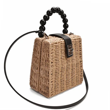 

Fashion Rattan Box Women Shoulder Bags Beading Handle Wicker Woven Lady Handbags Summer Beach Straw Bag Female Crossbody Purses