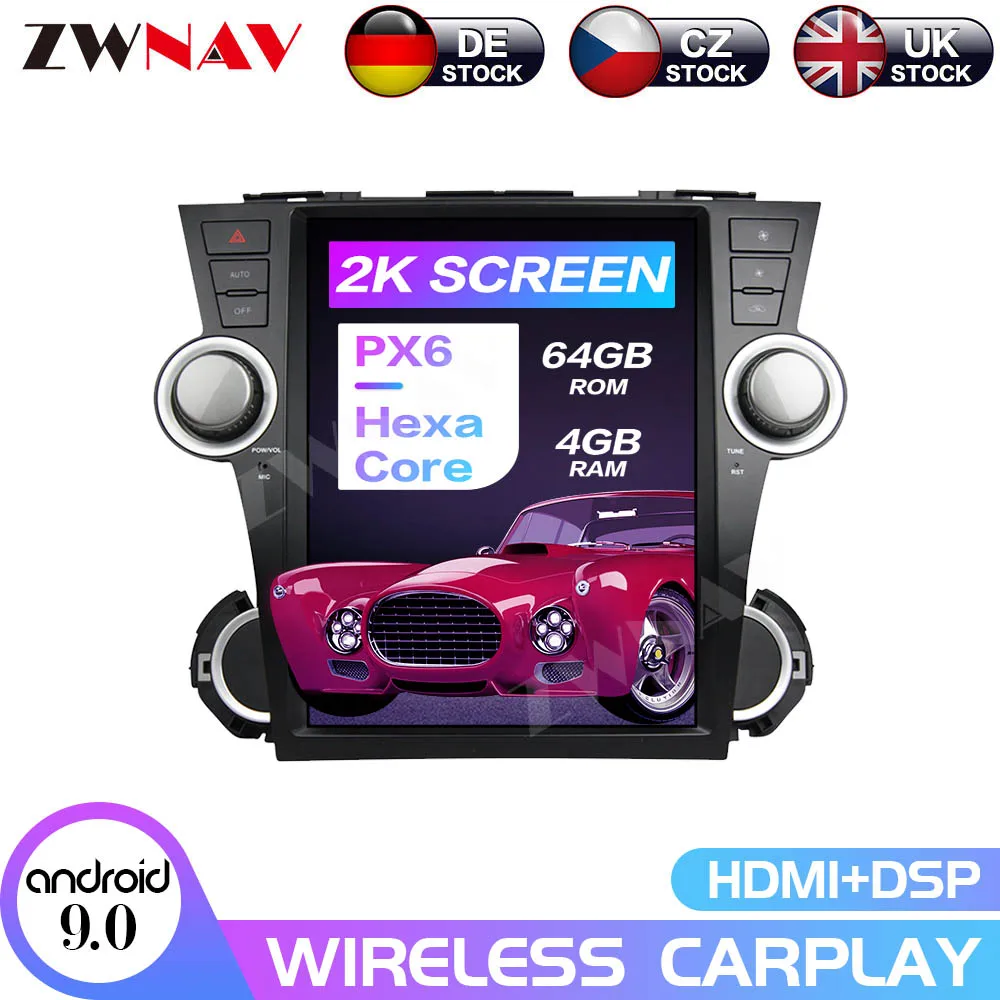 

Tesla Style Android 9.0 4+64 Car GPS Navigation For Toyota Highlander 2008 Auto Radio Stereo Headunit Multimedia Player PX6