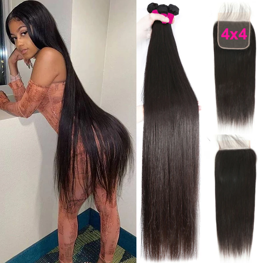 Bone Straight Hair 3 Bundles With Closure 30 Inch Brazilian Human Hair Wave For Black Women Bundles And A Closure Hair Extension 1