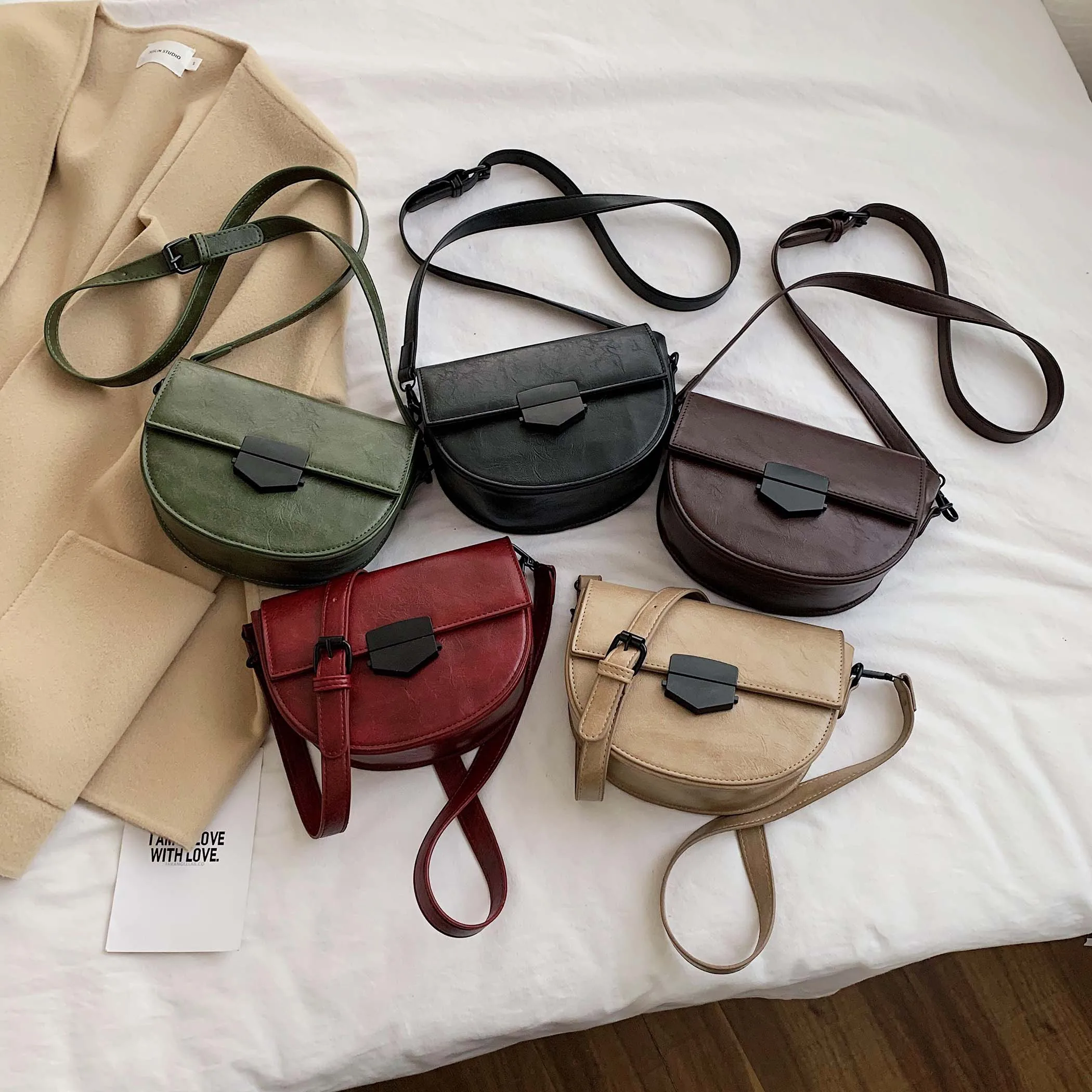 Solid Color PU Leather Saddle Bags For Women Small Crossbody Shoulder Messenger Bag Female Handbags and Purses