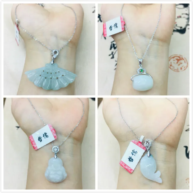 

Zheru pure natural Jadeite jade fan laughing Buddha road pass pendant with 925 silver necklace ladies clavicle chain