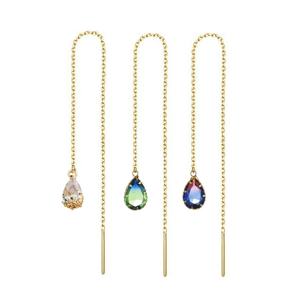 Stainless Steel Colorful Zircon Water Drop Long Chain Earrings for Women Girls Linear Crystal Threader Earrings Jewelry drop earrings long earrings crystal earrings