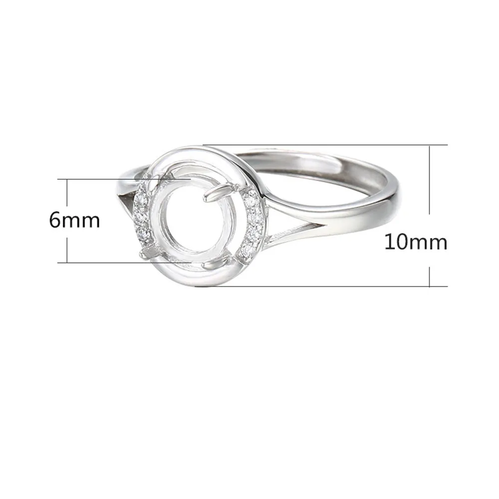 Ring Setting for 6x6mm Round Cabochons Ring Base White Gold Plated 925 Silver Zircon Adjustable Ring Blank SR0392