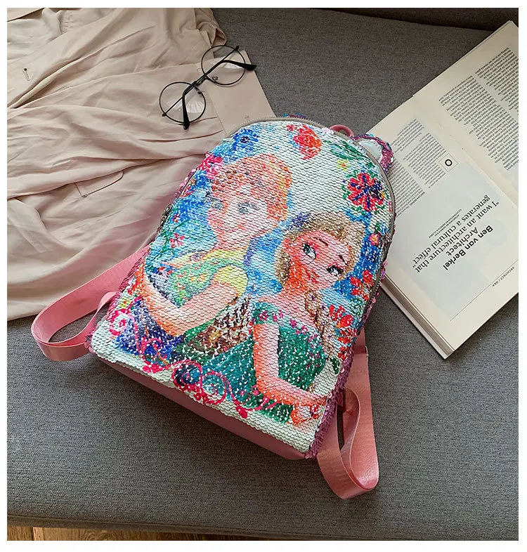 Disney Принцесса рюкзак замороженная Эльза Сумочка женская обесцвечивающая школьная сумка модные блестки маленький рюкзак для детей