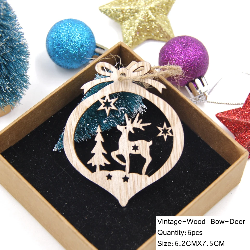 6pcs Bow-Deer 6 шт./лот, винтажные полые рождественские подарки, Деревянные Подвески, украшения из дерева, елочные украшения, детские игрушки, подарки - Цвет: 6pcs Bow-Deer