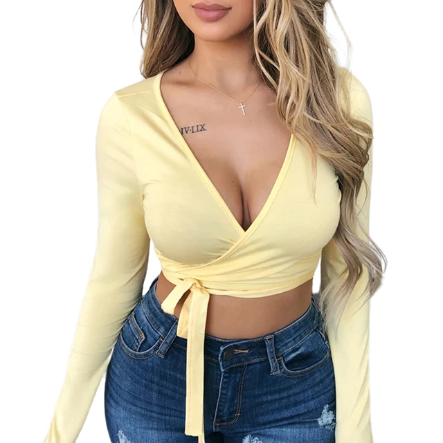 Clothes On Mainwomen's Deep V-neck Knot Front Crop Top - Sexy Long Sleeve  Spring/summer Tee