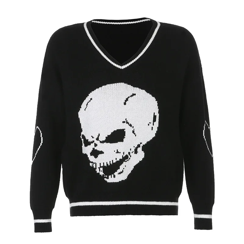 Women Stylish Long Sleeve V-neck Top Heart Skeleton Printed Loose Stretch Casual Sweater Autumn Fashion Daily Wild Pullover ugly christmas sweater