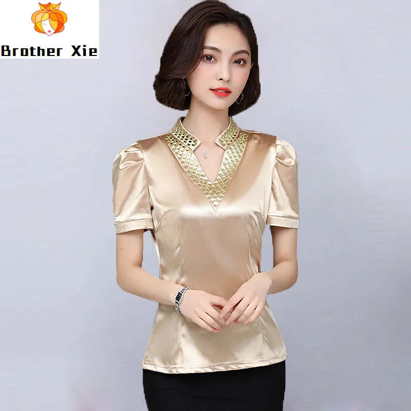 

M Size Plus 3XL Long Sleeve Diamonds V Neck Formal Ladies Office Classic Womans Chiffon Red Black Blouses Feminina Female Cloths