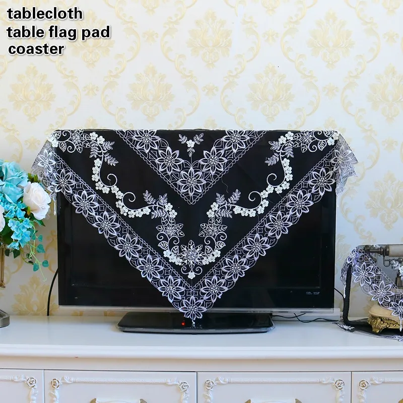 

European Black Lace Beaded Embroidered Pendant Transparent Tablecloth Coaster Table Flag Pad Hotel Home Decoration Coffee Mantel