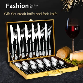 

Steak Knife, Fork and Household Stainless Steel Western Tableware Knife, Fork and Spoon 24-Piece Set Full Set of Tableware