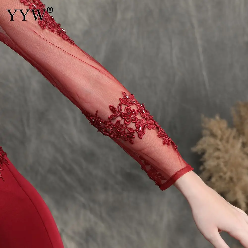 Women Evening Dress V Neck Applique Mesh Sleeve Sexy Robe De Soiree Backless Mermaid Elegant Long Party Dress Femme Formal Gowns
