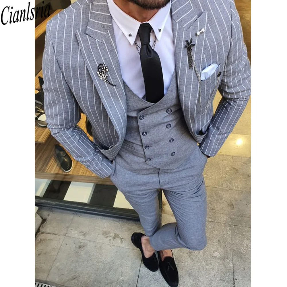 

Stripe Grey Wedding Mens Suits Slim Fit Bridegroom Tuxedos For Men Two Pieces Groomsmen Suit Blazer Formal Prom Business Jackets