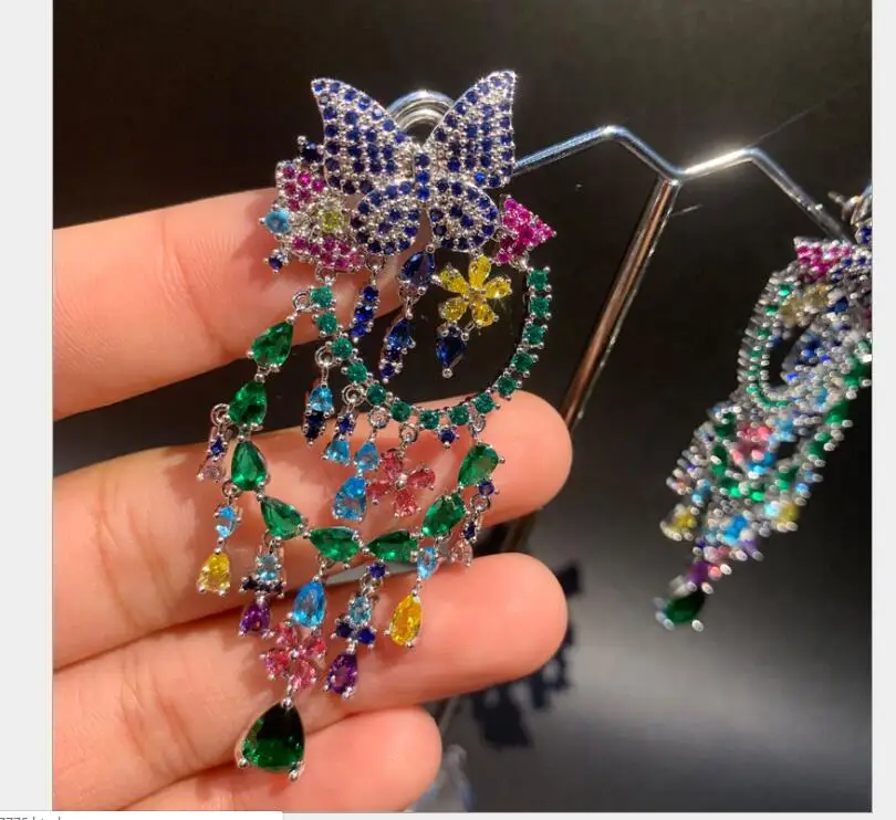 

S925 Silver Needle women Exaggerated Butterfly Zircon Earrings Tassel Colored Earrings