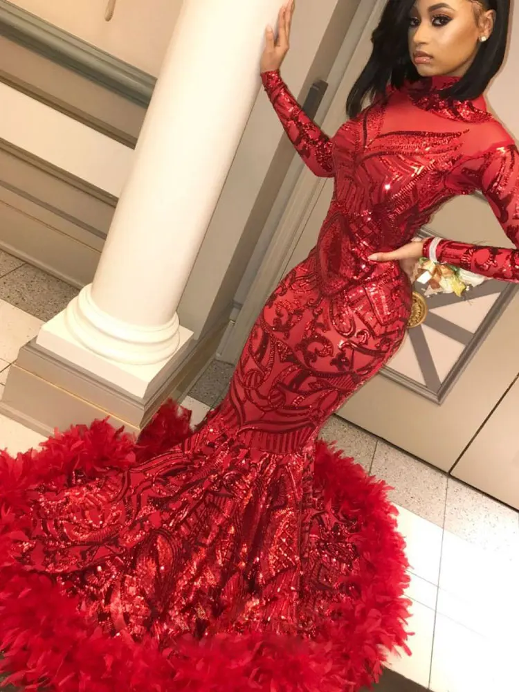 Elegant Red Prom Dresses Woman Dance Ball Gowns Long Sleeve Mermaid  Feather Evening Formal Party Clothing