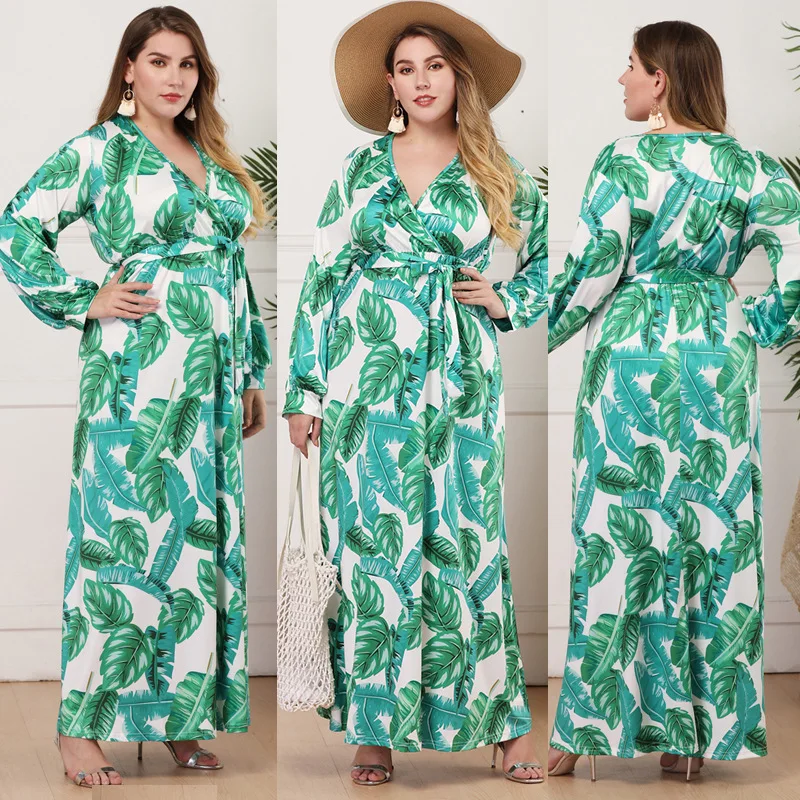 

WHZHM Autumn Plus Size 3XL 4XL Printed Dresses Women Deep V-Neck Long Sleeve Sashes Loose Bohemian Casual Party Dresses Ladies