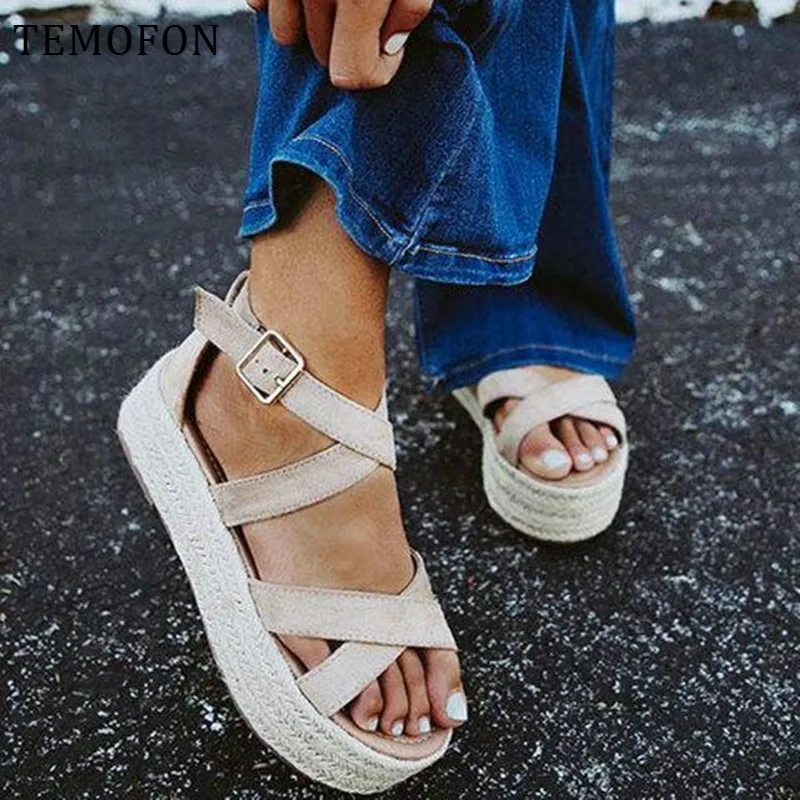

TEMOFON gladiator sandals women ladies platform sandals ankle strap summer shoes black Leopard high heel Wedges Shoes new HVT806
