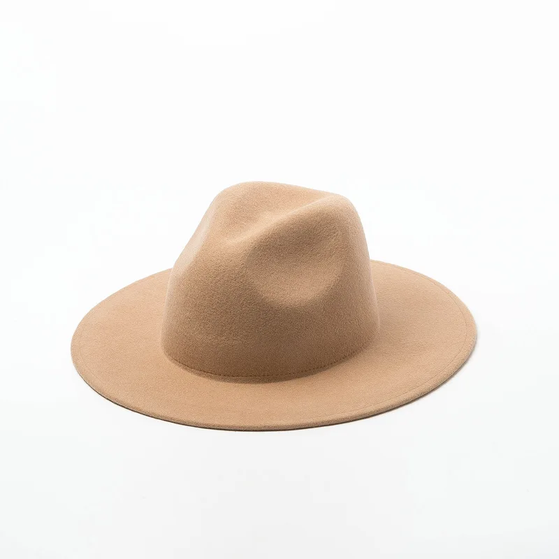 Осень-зима дамы фетровая шляпа мягких фетровых большая шляпа женские фетровые однотонные Цвет шерстяной джазовый Шапки шерстяная, фетровая шляпа Панама шляпа - Цвет: Camel