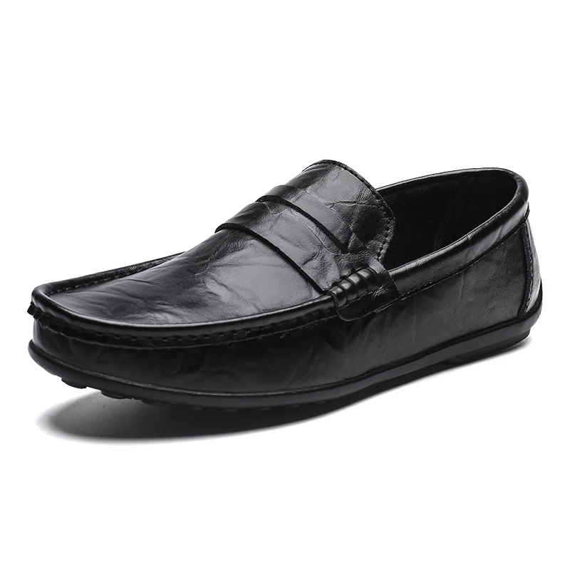Мужская повседневная обувь; мужские лоферы из натуральной кожи; эспадрильи; модная обувь в горошек; туфли на плоской подошве без застежки; туфли для вождения; mocassin homme - Цвет: black