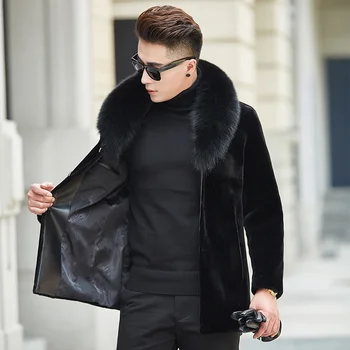 

Real Men Natural Wool Coat Autumn Winter Sheep Shearing Jacket Men's Fox Fur Collar Warm Outwear Veste Homme YY619