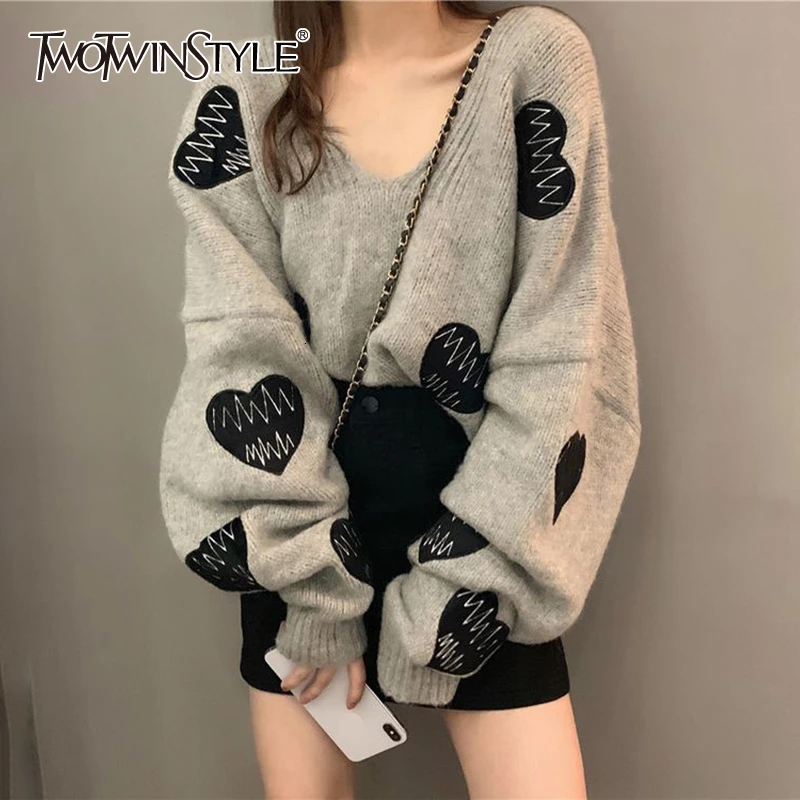 TWOTWINSTYLE Korean Embroidery Heart Women's Sweater O Neck Long Sleeve Oversized Pullovers Female 2020 Autumn Fashion New | Женская