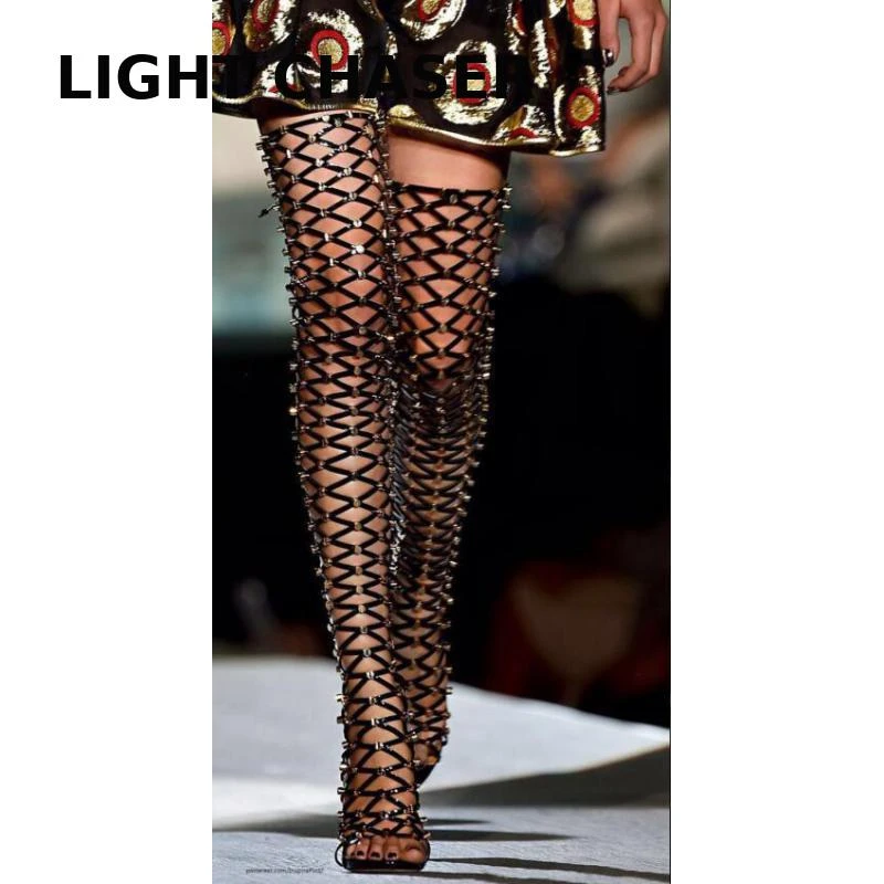 Boots New Full Rhinestone Mesh Women Thigh High Over The Knee Sandals Stage Catwalk Shoes Zapatos Transparentes De Mujer Women's Boots AliExpress