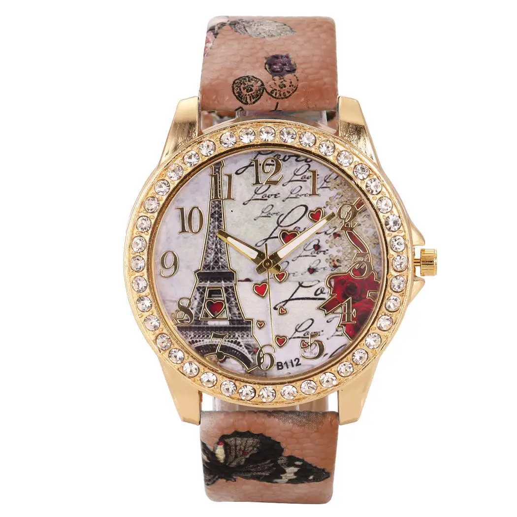 Women Rhinestones Tower Pattern Dial Quartz Wrist Watch Print Band Watches Clock Wristwatch Girls Ladies Students Relojes | Наручные часы