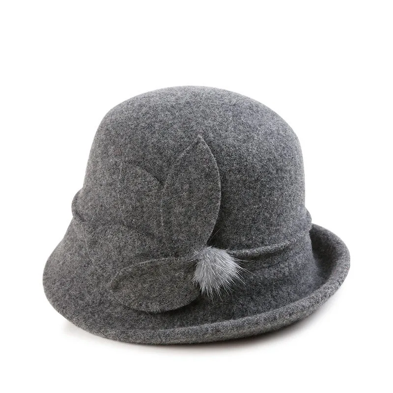 Осень Зима Fedora цветочный мех кролика шапка для женщин модная повседневная Кепка шерстяная шапка для женщин Chapeau Femme теплая шапка M44 - Цвет: Серый