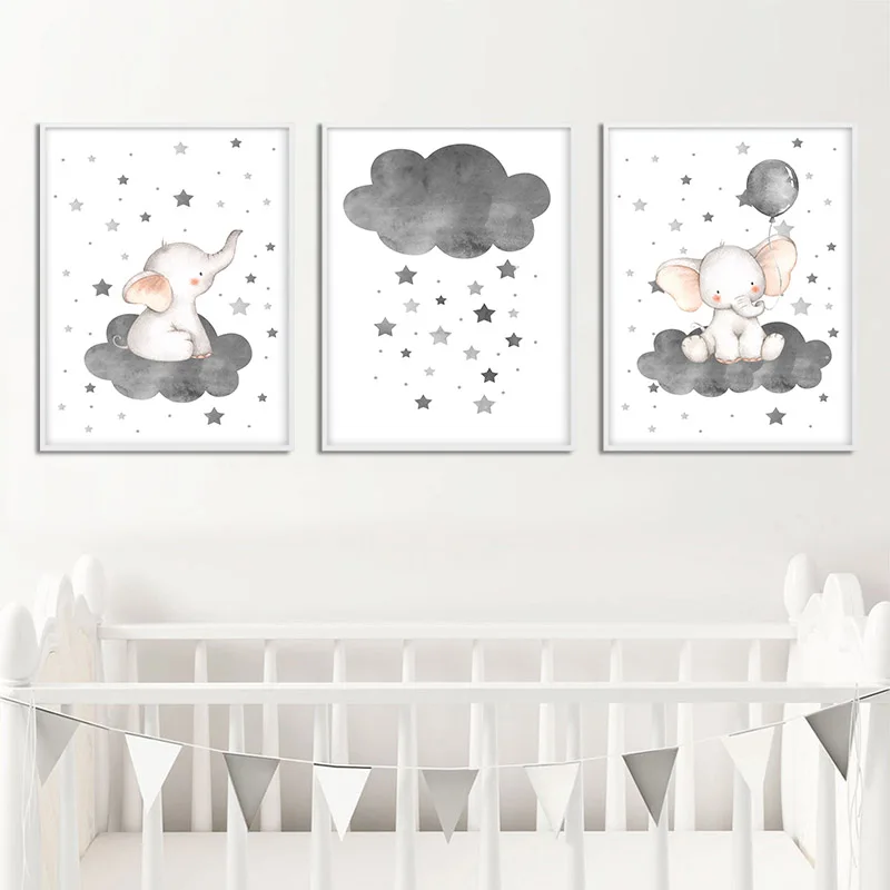 

Cartoon Elephant Balloon Cloud Poster Animal Nursery Art Print Wall Picture Canvas Painting Nordic Kid Baby Bedroom Decoration