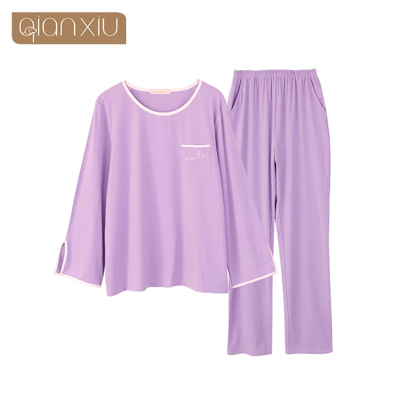 Осень, женский Повседневный Женский пижамный комплект, футболка с длинными рукавами и круглым воротником+ штаны, хлопковый пижамный комплект XXL - Цвет: Purple