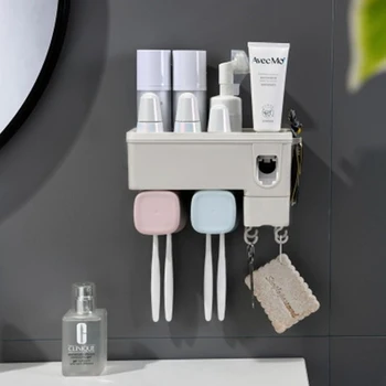 

Storage Container Toothbrush Rack Suction Wall-mounted Free Punch Automatic Toothpaste Squeezer Artifact Organizer For Bathroom
