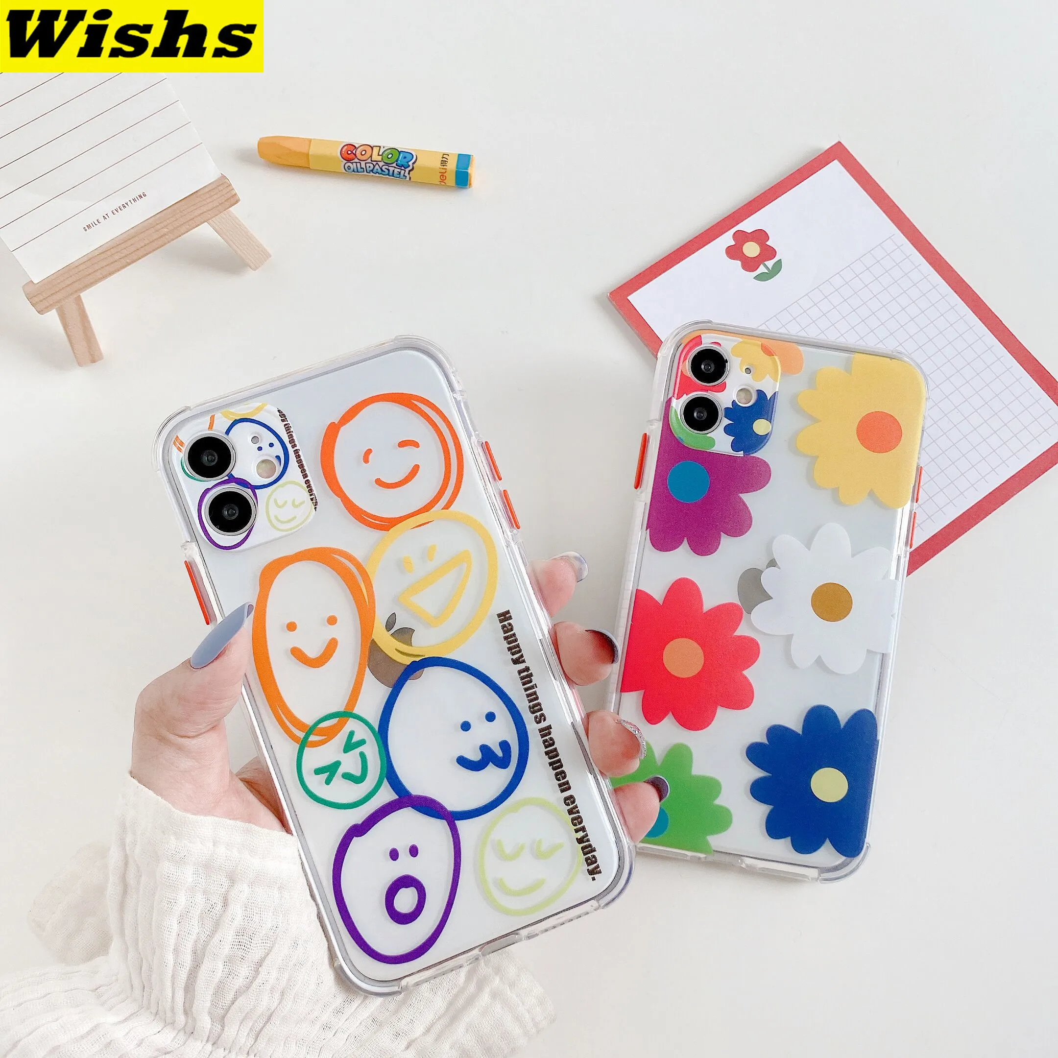 

Cartoon Happy face Clear Case For iPhone 11 Pro MAX XR Xs 7 8 Plus SE2020 Beautiful flowers Full Lens Protective Soft TPU Case