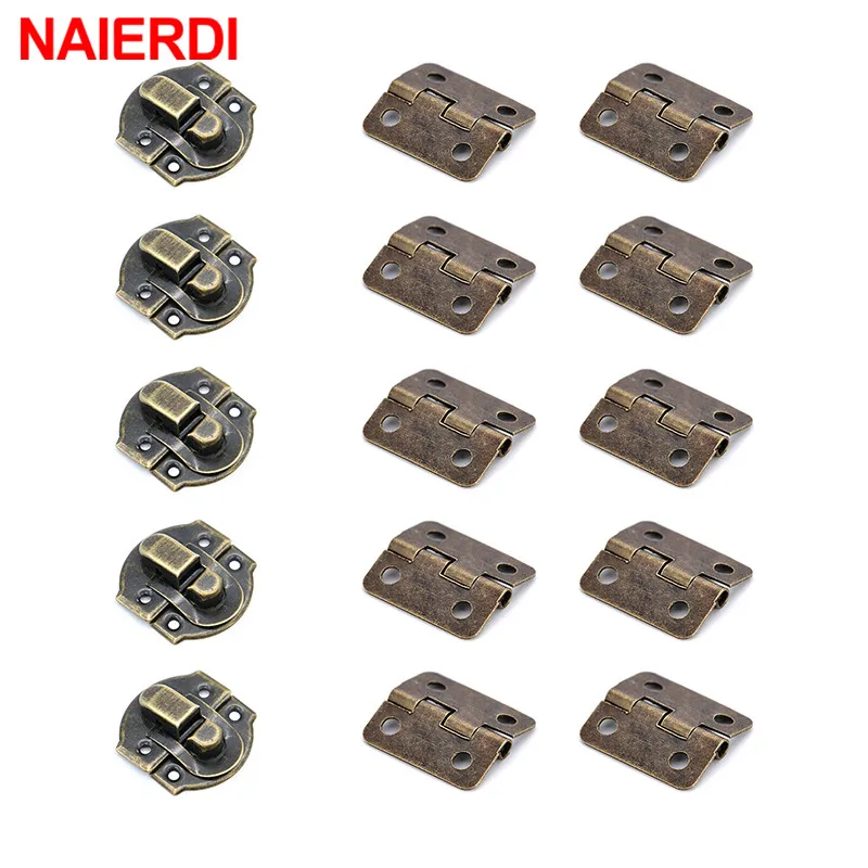 NAIERDI 5PCS Small Antique Metal Hasps Lock For Jewelry Storage Wood Box + 10PCS Antique Bronze Hinges Cabinet Mini Hinge