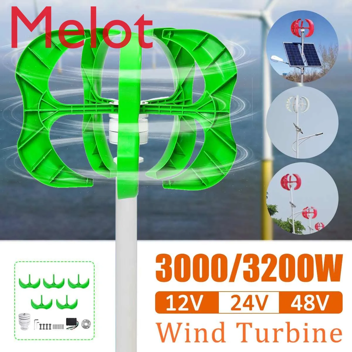

Wind Generator 3200W/3000W 5 Blades generator 12/24/48V Lantern wind turbines Vertical Axis For Household Streetlight+Controlle