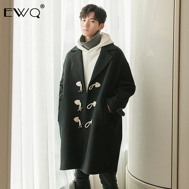 

EWQ / 2019 New Fashion Autumn Winter Trench Coat Men Horn Button Solid Suit Collar Tide Loose Casual Korean Windbreaker 9A472