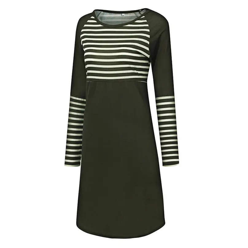 S-XXXL New Fashion Womens Dress Casual O-Neck Long Sleeves Printing Stripe Splicing Green Dress Vestidos 3O16 (4)