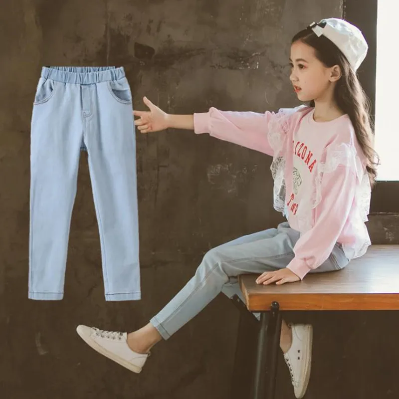

DFXD Girls Jeans Pants Spring Korean Style Kids Clothes Cotton Casual Solid Long Children Trousers 3-12T Teenager Denim Pants