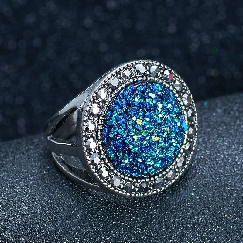 SHUANGR винтажный синий драгоценный камень женский ювелирный набор античный серебряный кристалл круглый камень кулон ожерелье серьги браслет кольца