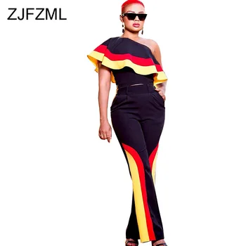 

Ruffles Hit Color Patchwork 2 Piece Matching Set Women Oblique Collar One-Shoulder Bandage Crop Tops + Pocket Straight Long Pant
