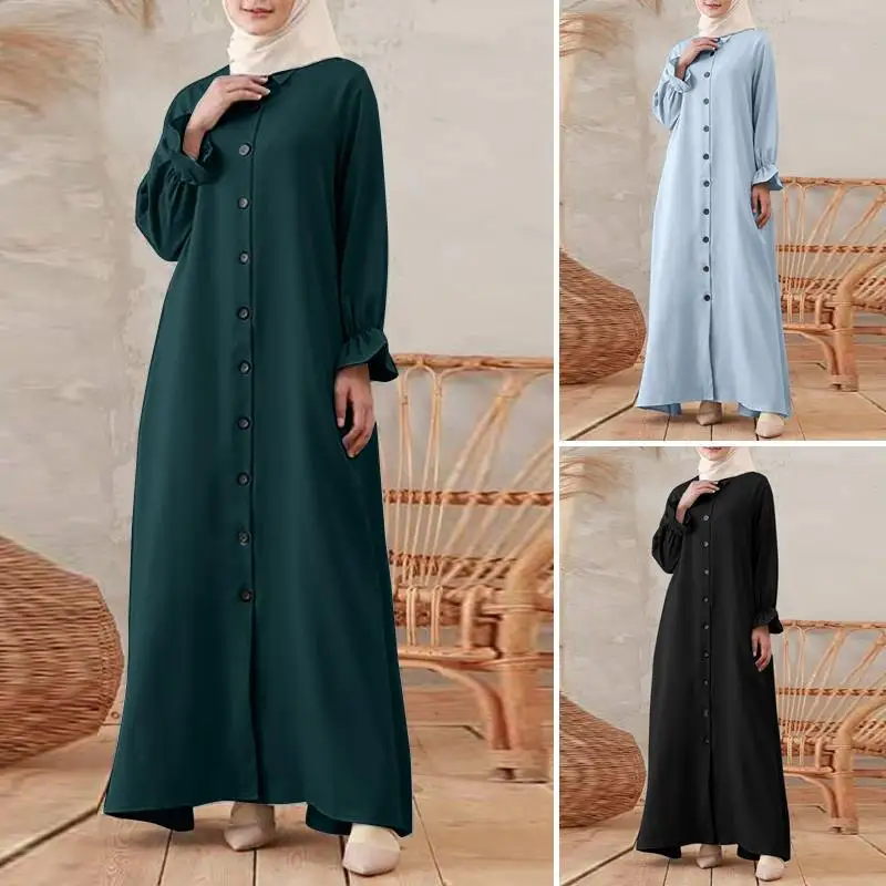 

Eid Mubarak Plain Vintage Dress Muslim Women Abaya Shirt Collar Single Breasted Casual Islam Robe Saudi Arabia Femme Kaftan