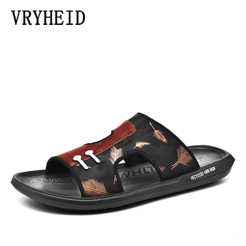 

VRYHEID New Casual Men Sandals Summer Tide Mens Slippers Weave Mesh And Leather Man Beach Sandals Non-slip Lazy Pedal Flip Flop